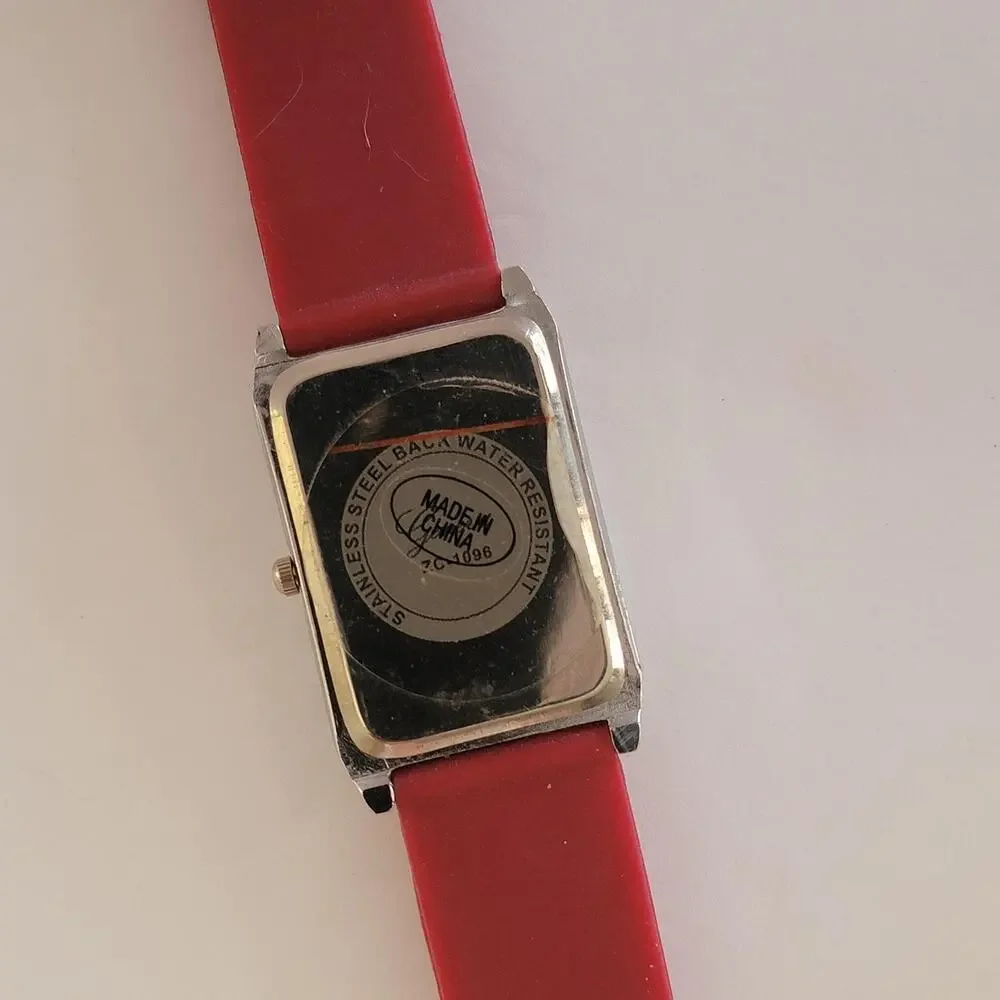 Geneva Womens Watch White Dial Silver Case Red Silicone Band Rectangle Quartz